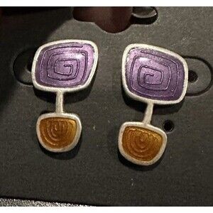 Enamel Guilloche Purple Orange STERLING SILVER Modernist EARRINGS Signed Y2K